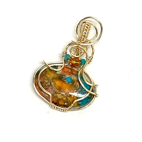 HANDMADE Spiny Oyster Turquoise  Hand Wrapped Gold Plate Statement Pendant - Picture 3 of 10